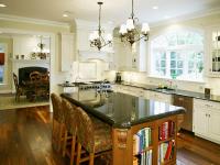 Finished kitchen with island and dark accessories and countertops
