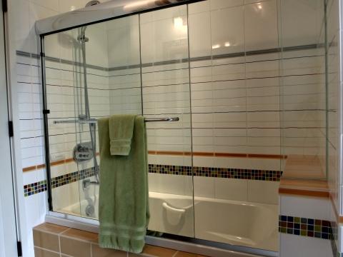 Carr project - nautical New England waterfront home - shower and tub detail
