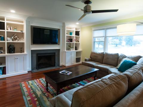 Cole project - craft style mid-century split level - living room towards fireplace