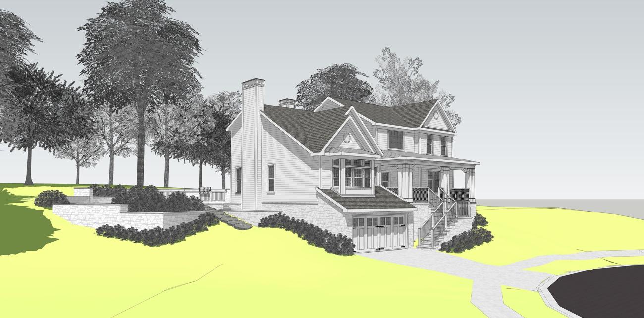 3D architectural rendering of a custom two-story coastal home with garage and wraparound porch, designed by Ballard+Mensua Architecture for a waterfront site in the DC Metro area.