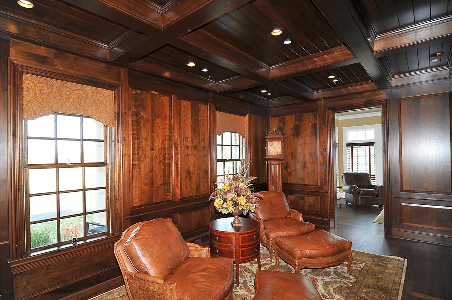 All wood den for Sugarland Lane home, complete with leather recliners