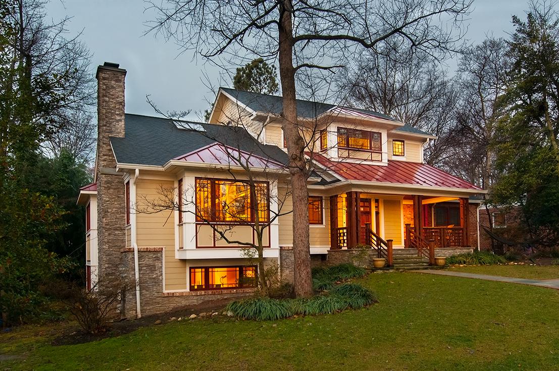 The exterior of Ballard home at dusk