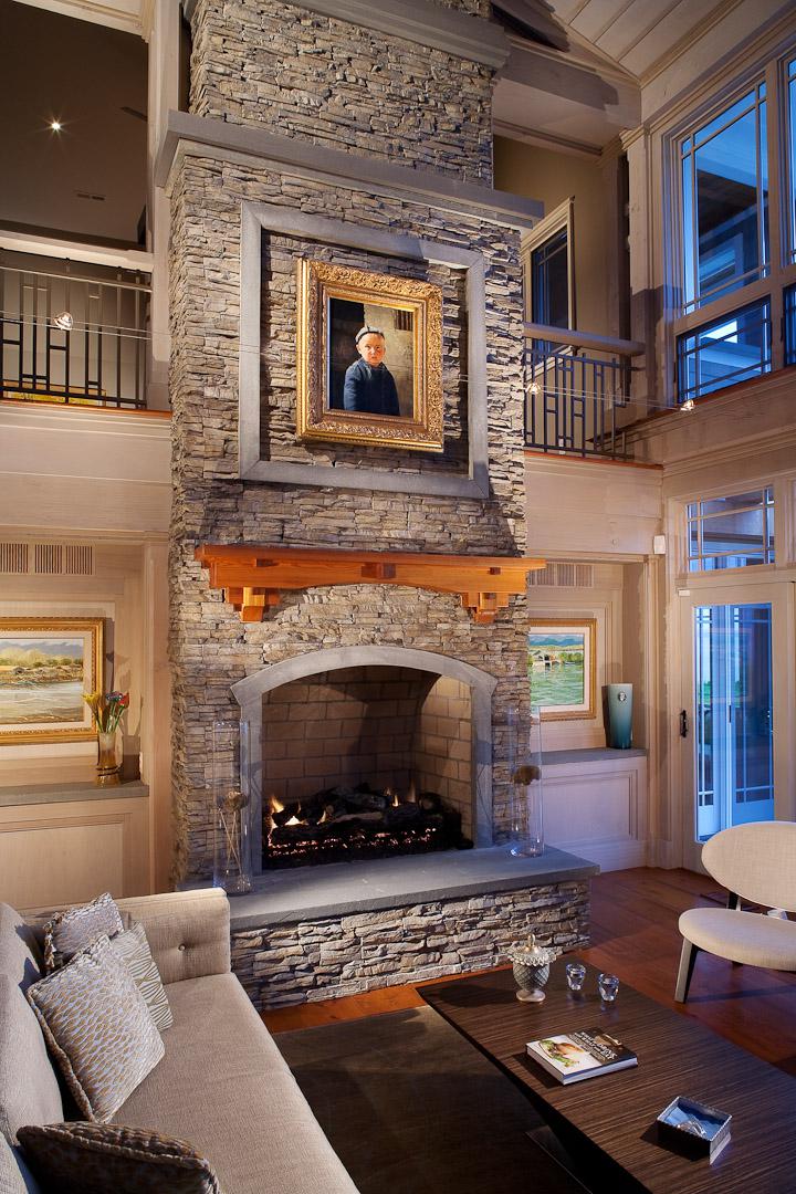 Carr project - nautical New England waterfront home - living room's fireplace