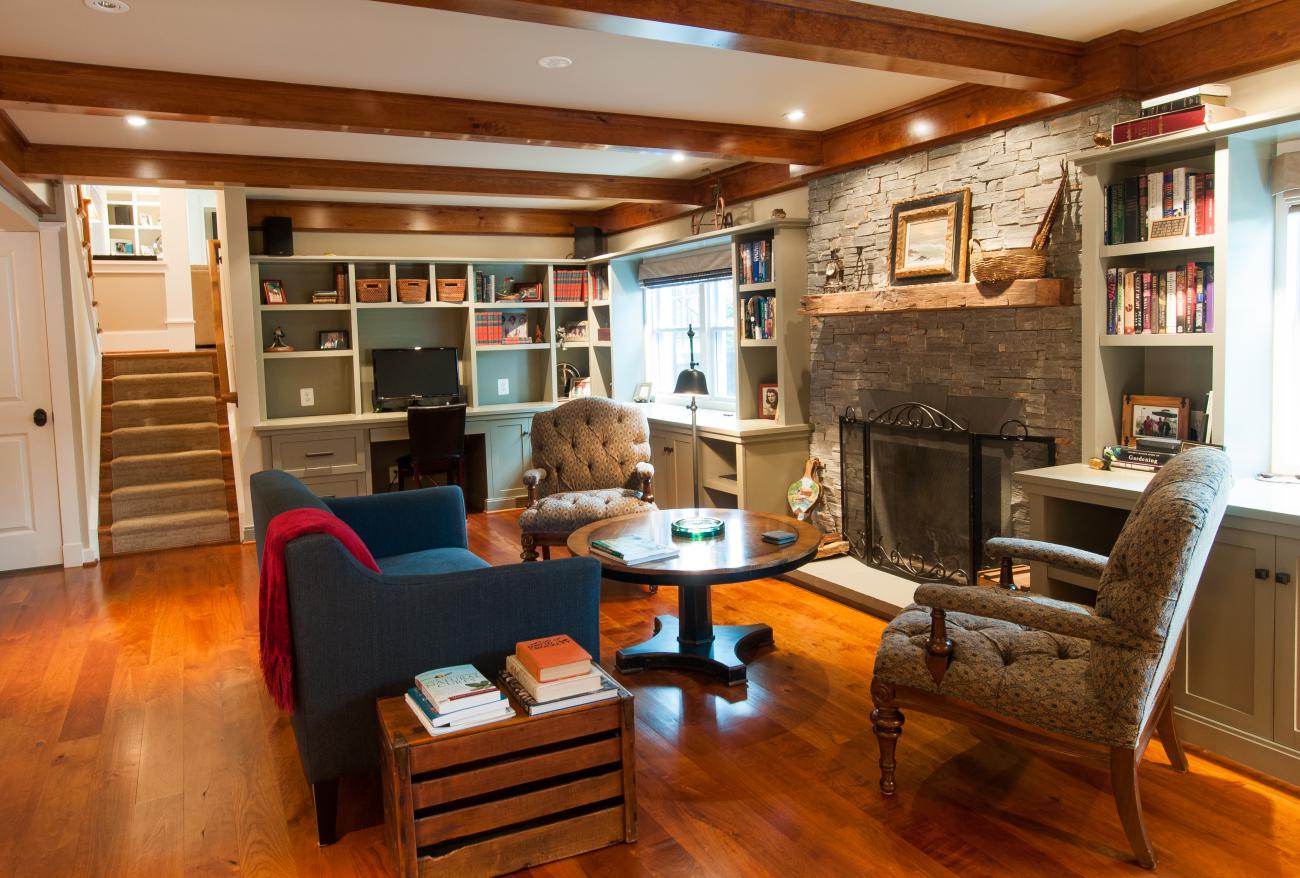 Cole project - craft style mid-century split level - den towards fireplace