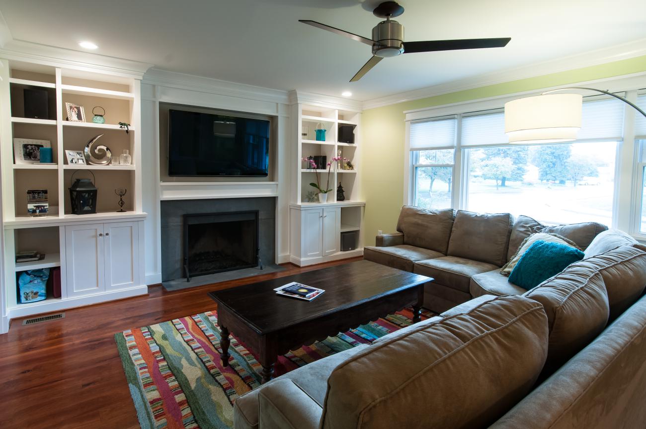 Cole project - craft style mid-century split level - living room towards fireplace
