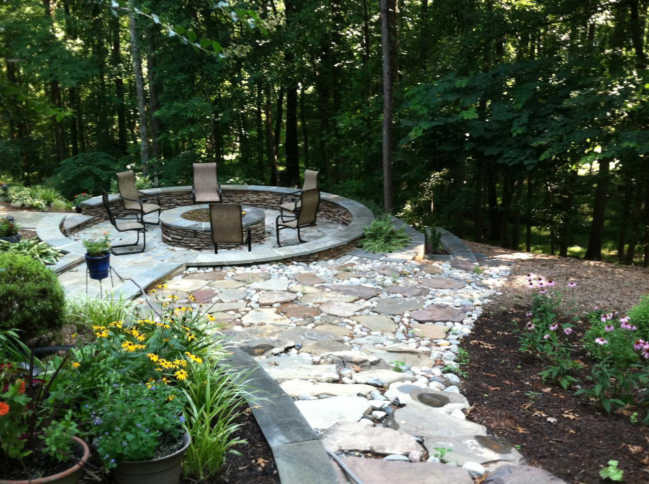 exterior firepit and stonework for empty nesters backyard